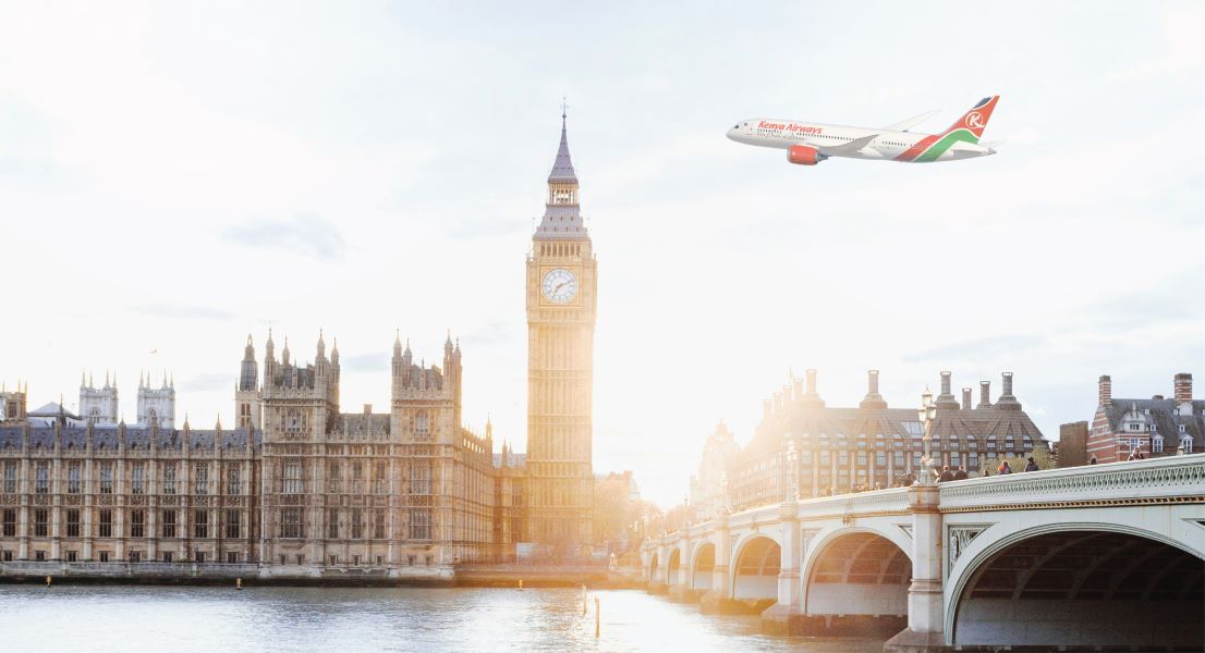 kenya airways plane flies over to gatwick airport
