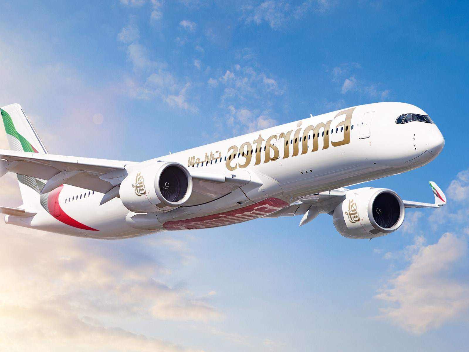 a pic of emirates airline plane in flight