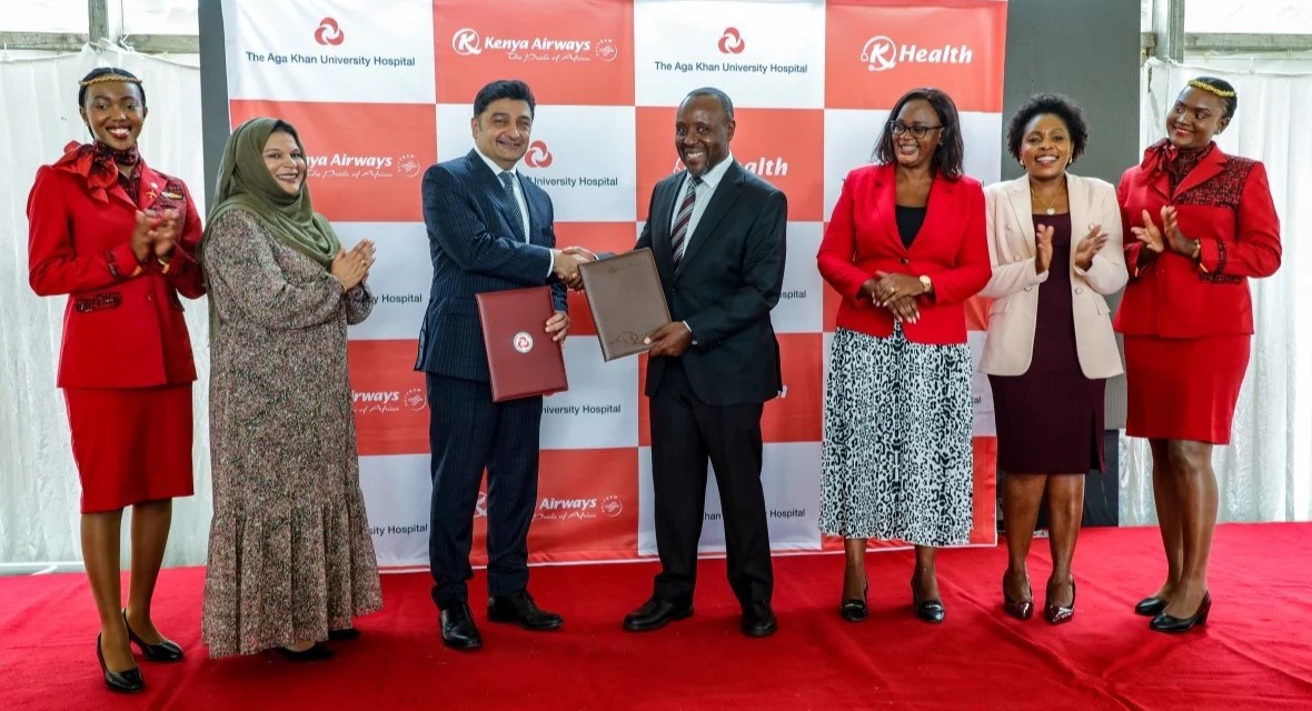 picture showing kenya airways and aga khan university hospital representatives in a medical tourism signing ceremony